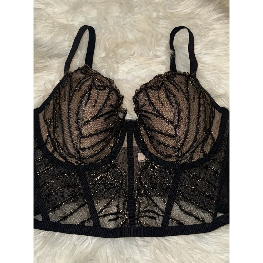 Victorias Secret Dream Angels Bustier Longline Bra Womens 36DD Glitter Black - Picture 2 of 6